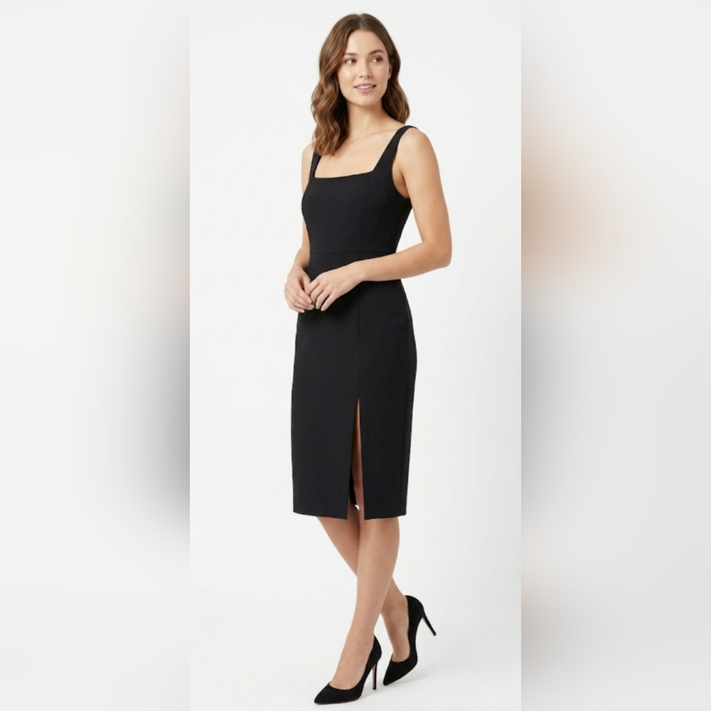 Babaton Black Square Neck Front Slit Midi Sheath Dress - Size 12